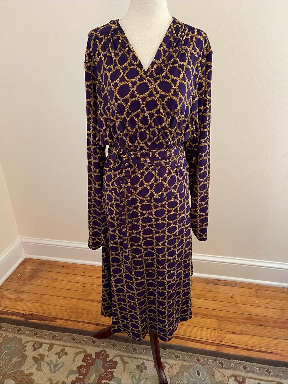 Vicky Tiel 2X Purple Gold Baroque Chain Print Wrap Midi Dress